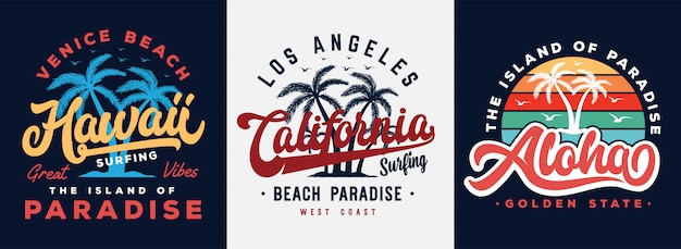 Hawaii, californië en aloha strand typografie slogan met palmboom illustratie. thema vintage print ontwerp