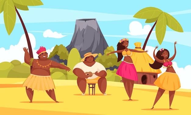 Вектор Танцевальная композиция гавайи с двумя девушками и одним мужчиной, танцующими на пляже