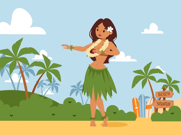 Vector hawaii dancing woman, traditional dance of hawaiian culture, summer landscape,