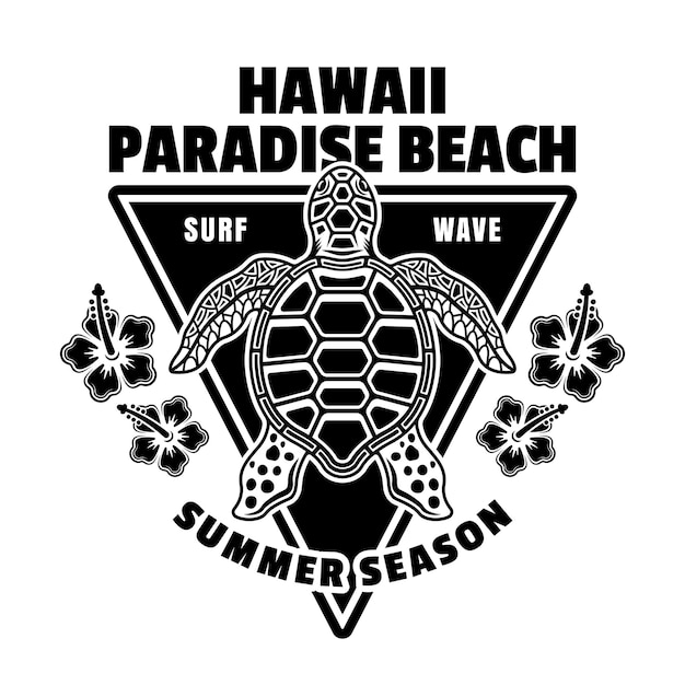 Hawaii paradise beach vector vintage emblem label badge or logo with turtle top view Illustration in monochrome style isolated on white background