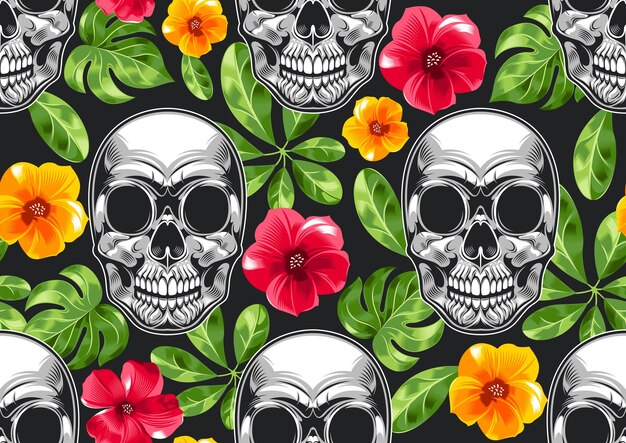 Hawaii schedel naadloos patroon met bloem shirt achtergrondafbeelding punk achtergrond