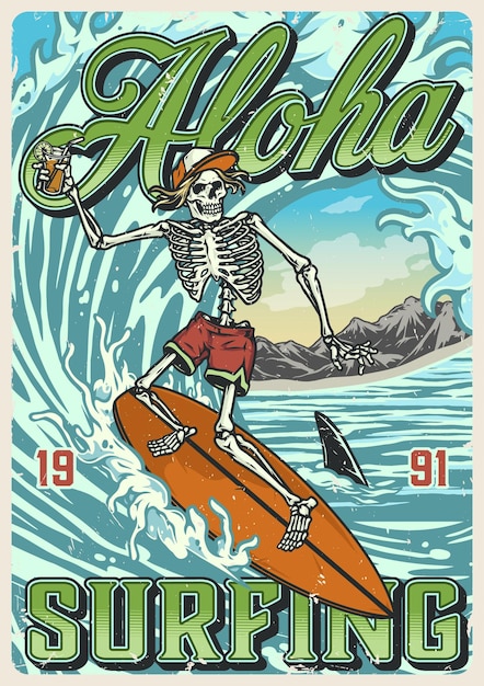 Hawaii surfen vintage kleurrijke poster