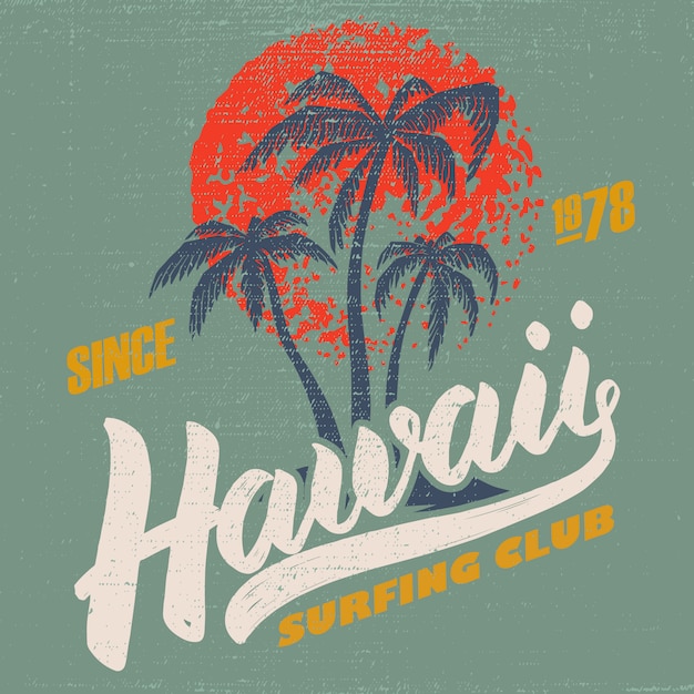 Vector hawaii surfing club. poster template with lettering and palms.  image