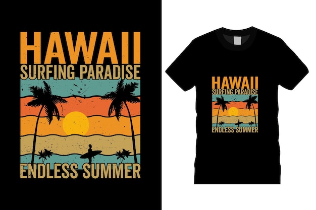 ハワイ サーフィン パラダイス エンドレス サマー T シャツとアパレルのトレンディなデザイン ベクトル タンプレート