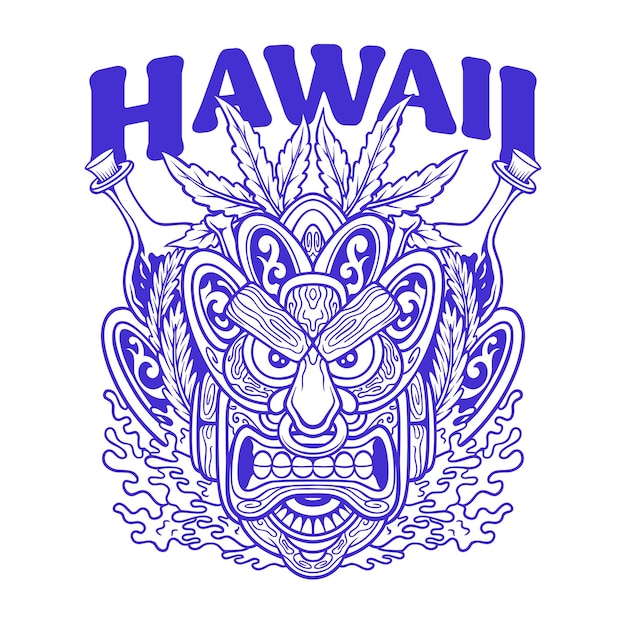 ビンテージ ライン アート スタイルのハワイ ティキ マスク イラスト