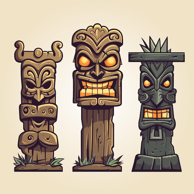 Vettore hawaii tiki maschere idoli set di icone di cartoni animati icone di illustrazione vettoriale isolate