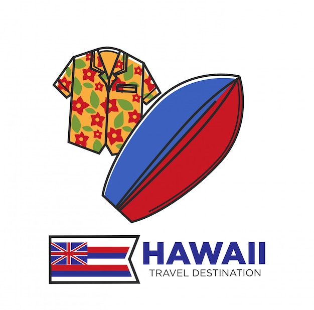 Vettore poster promozionale di destinazione turistica hawaii con camicia a fiori e tavola da surf