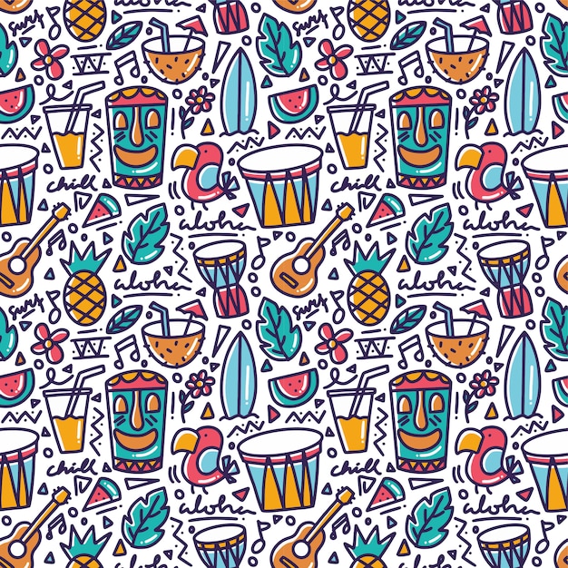 Hawaii tropical element doodle seamless pattern