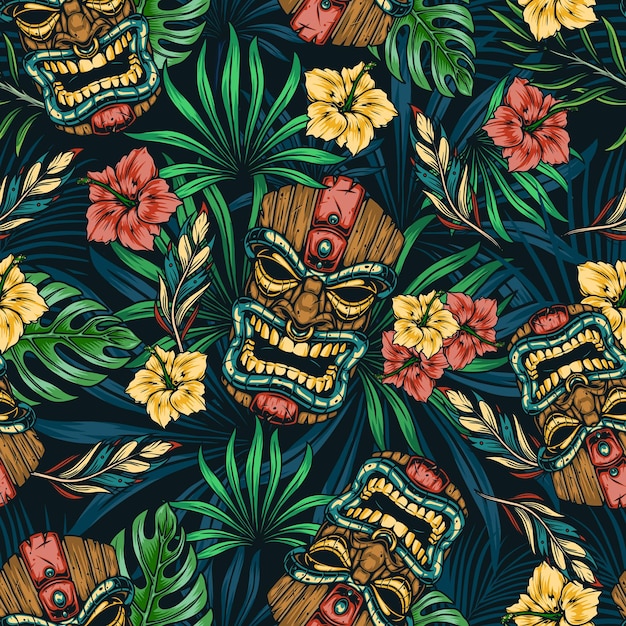 Vector hawaiiaans tropisch kleurrijk naadloos patroon met tribal tiki-masker, hibiscus, monstera en palmbladeren