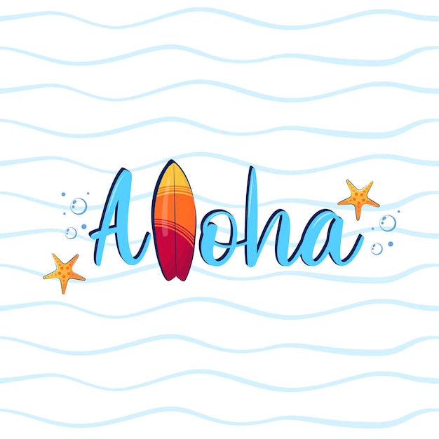 Hawaiiaanse vectorillustratie met surfinspired Aloha-letters op de achtergrond met golven en zeesterren