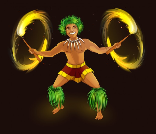 Hawaiian dancer with fiery torches in national dress.