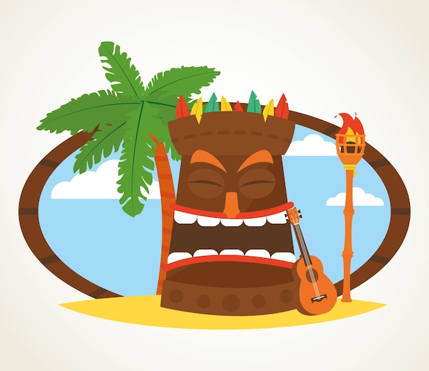 Hawaiian design with tiki masks, palm and guitar