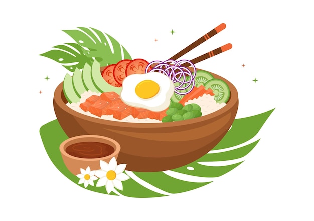 Piatto hawaiano poke bowl modello di cibo disegnato a mano cartone animato piatto illustrazione