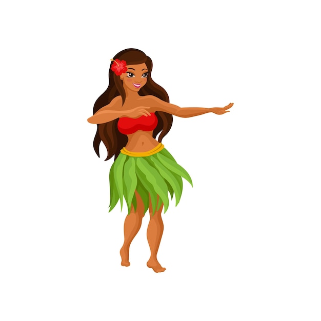 Hawaiian girl in grass skirt dancing and hibiscus flower in her hair vector illustration on a white background