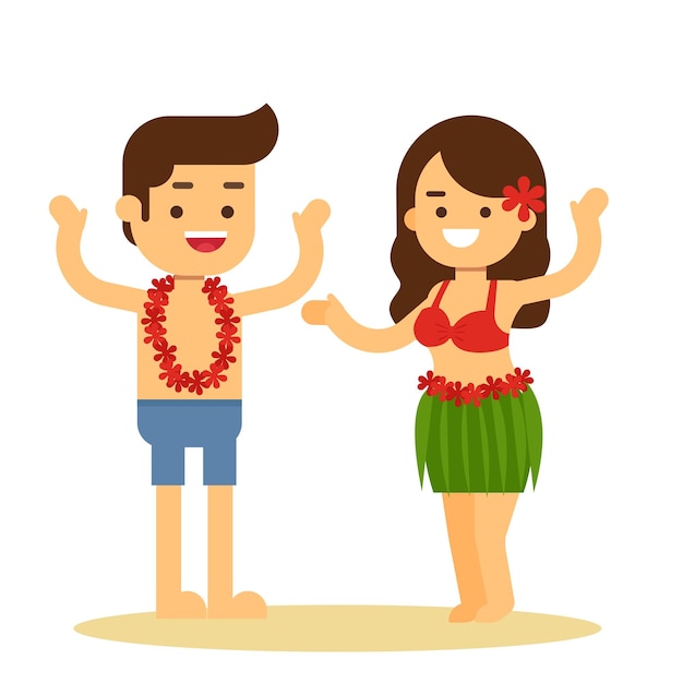 Vector hawaiian girl in grass skirt dancing and man