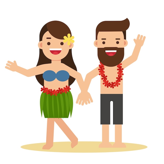 Vector hawaiian girl in grass skirt dancing and man