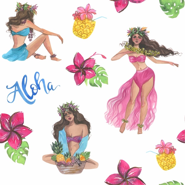 Hawaiian girl seamless pattern watercolor print pineapple plumeria flowers and cute girl