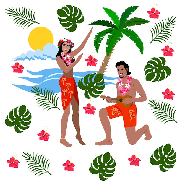 hawaiian guy and girl seamless pattern