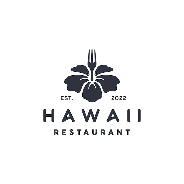 Pianta di fiori di ibisco hawaiano con silhouette a forcella per il logo dell'alimento della barra della cucina del ristorante delle hawaii