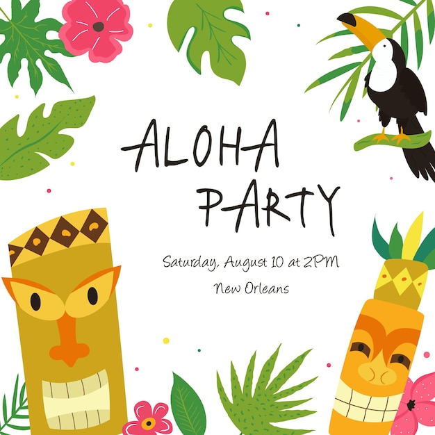큰부리새와 부족 토템이 포함된 하와이 루아우 파티 초대장 템플릿