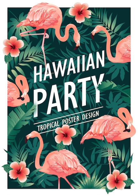 ハワイのパーティー。熱帯の鳥、花、葉のベクトル図。
