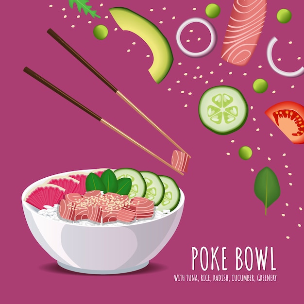 Vector hawaiian poke tuna bowl