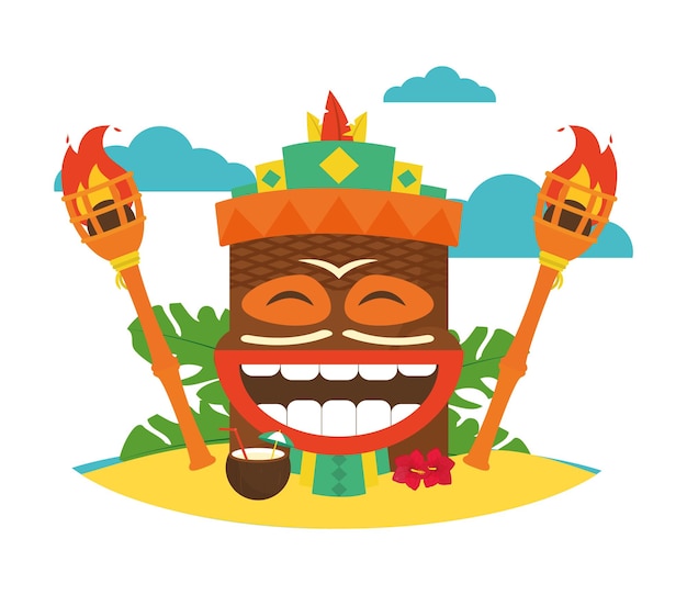 Vector hawaiian tiki mask and torch around