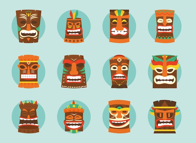 Vector hawaiian tiki masks icon set