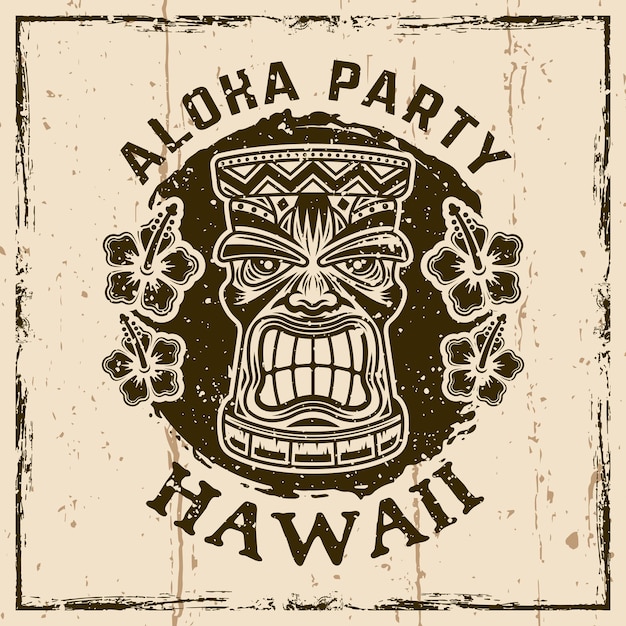 Tiki hawaiano testa di legno vettoriale vintage emblema distintivo etichetta logo o stampa tshirt illustrazione su sfondo con texture grunge e illustrazione vettoriale telaio