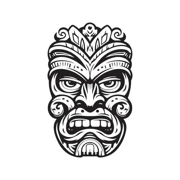 Vettore tiki hawaiano testa di legno logo vintage linea arte concetto colore bianco e nero illustrazione disegnata a mano