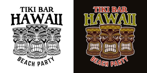 Hawaiian tiki wooden heads two styles black on white and colorful on dark background vector illustration