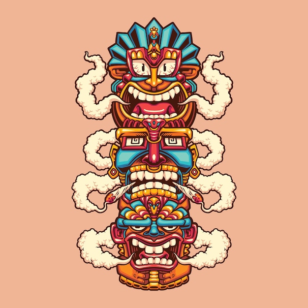 Hawaiian tripple tiki smoking logo illustration