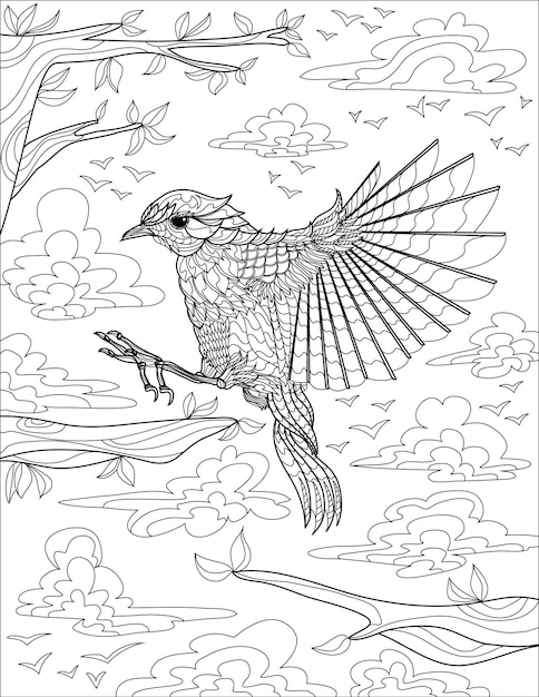 雲と詳細の背景色に囲まれた木の枝に着陸する鷹の線画
