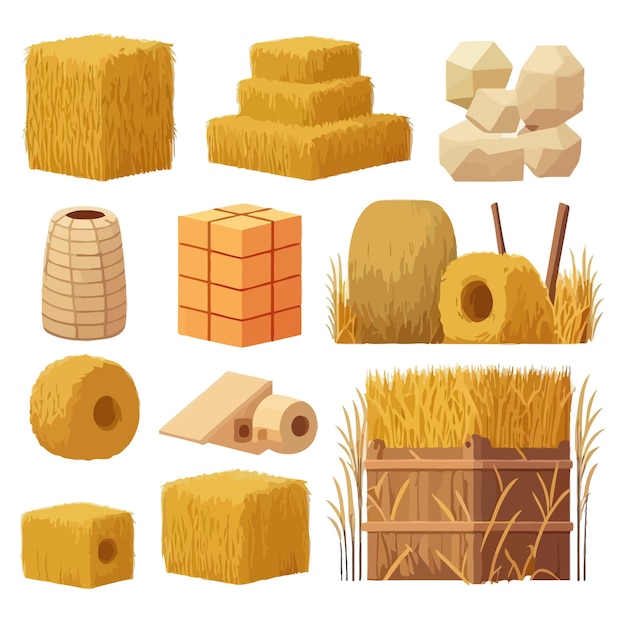 Vector hay bales piles heaps and stacks set isolated on background vector illustration