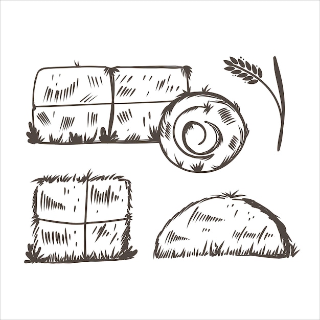 Vector hay bales sketch style hand drawn piles heaps and stacks straw in rolls and squares dry grass farm fodder village and countryside elements haystack vector isolated illustration