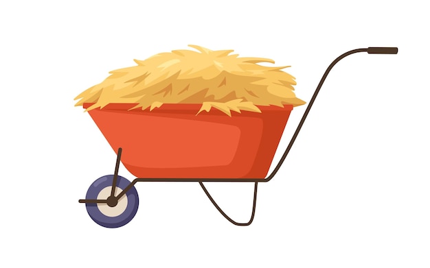 hay pile in onewheel barrow straw bale dry wheat heap in agriculture wheelbarrow gold crop fodder in farm agricultural trolley flat cartoon vector illustration isolated on white background