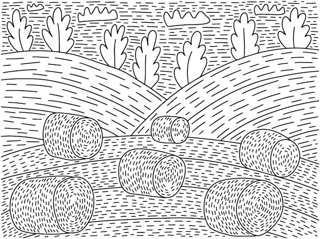 Haymaking field coloring page vector illustration Hand drawn hay field autumn landscape coloring book