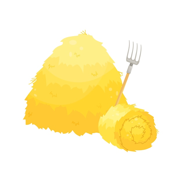 A haystack and a roll of hay with a pitchfork. Vector illustration.