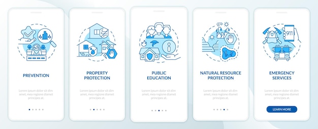 Vector hazard mitigation technique blue onboarding mobile app screen