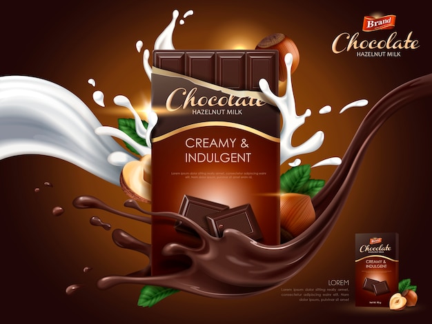 Hazelnootchocoladeadvertentie met melk en cacaostroomelementen, bruine achtergrond, illustratie