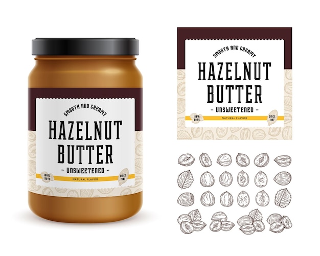 Hazelnut butter label glass jar mockup hazelnut icons