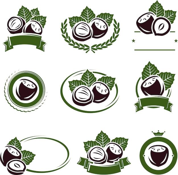 Hazelnut nuts labels and elements set Vector