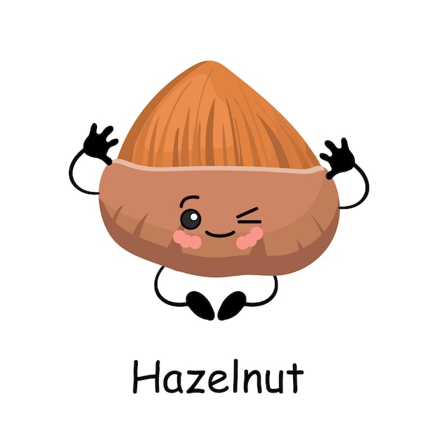 Hazelnut .Vector illustration. Cute CUTE Walnut character with arms and legs Isolated on a white bac
