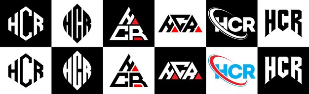 6 つのスタイルの HCR 文字ロゴ デザイン HCR 多角形、円、三角形、六角形のフラットでシンプルなスタイルで、黒と白のカラー バリエーションの文字ロゴが 1 つのアートボードに設定されています HCR ミニマリストとクラシックなロゴ