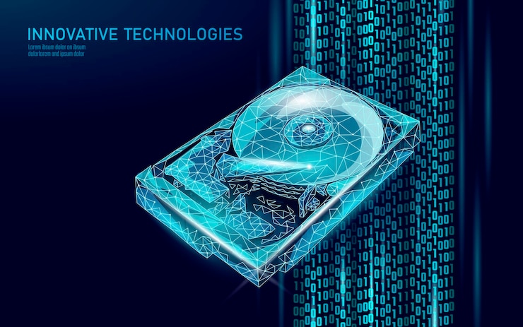 Vector hdd hard disk drive file hardware d low poly information storage record system it technology compute
