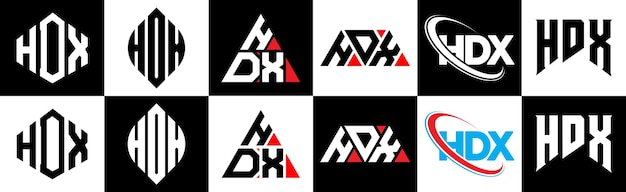 HDX letterlogo-ontwerp in zes stijlen HDX veelhoek cirkel driehoek zeshoek platte en eenvoudige stijl met zwart-witte kleurvariatie letterlogo in één tekengebied HDX minimalistisch en klassiek logo