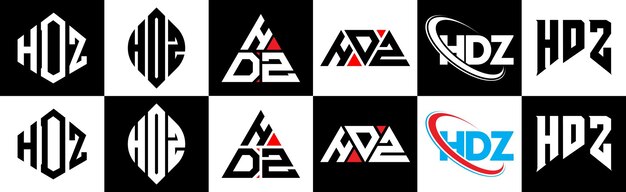 HDZ letterlogo-ontwerp in zes stijlen HDZ veelhoek cirkel driehoek zeshoek platte en eenvoudige stijl met zwart-witte kleurvariatie letterlogo in één tekengebied HDZ minimalistisch en klassiek logo