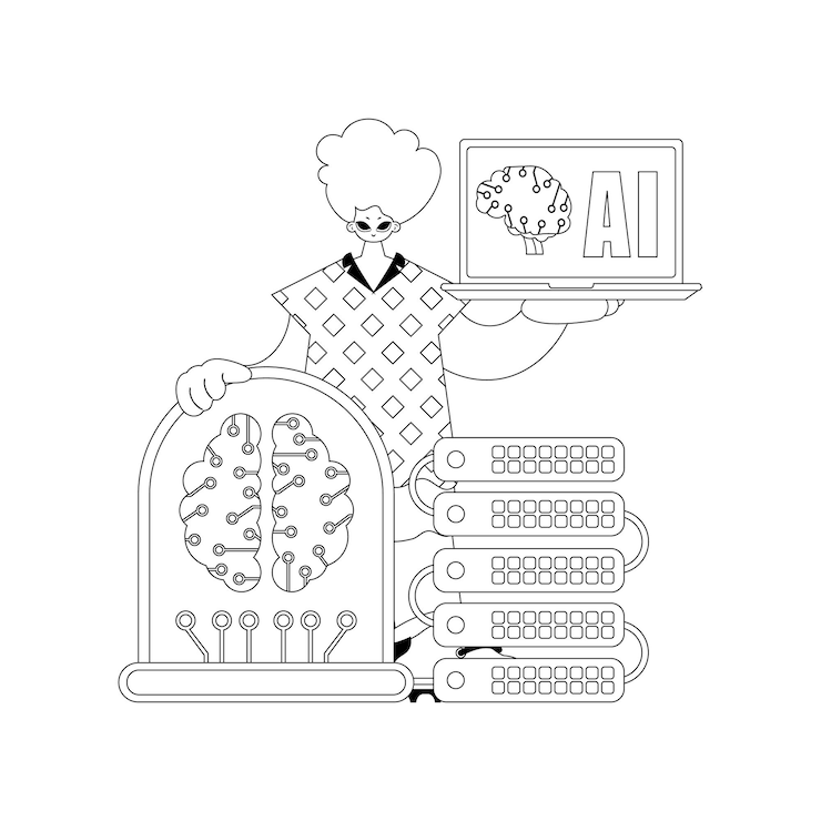Vector he has an ai model in his hands visualized in vector linear form