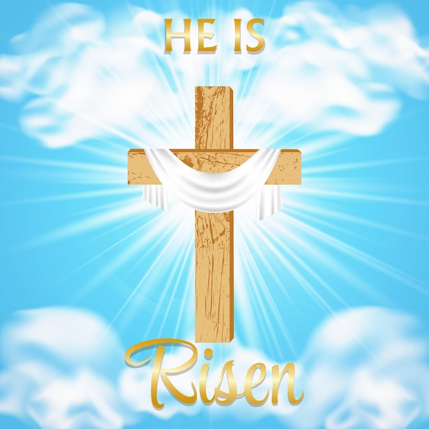 Он воскрес. Пасха. Сияющий христианский крест и саван на фоне голубого неба. Религиозный дизайн.