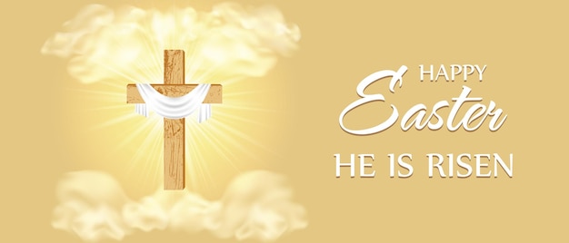 He is risen. happy easter. christian cross against the background of golden clouds and sunbeams from